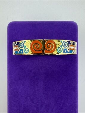 💛 Gold Stainless Steel Colorful Enamel Swirl Hinged Bangle - Red, Blue & Gold